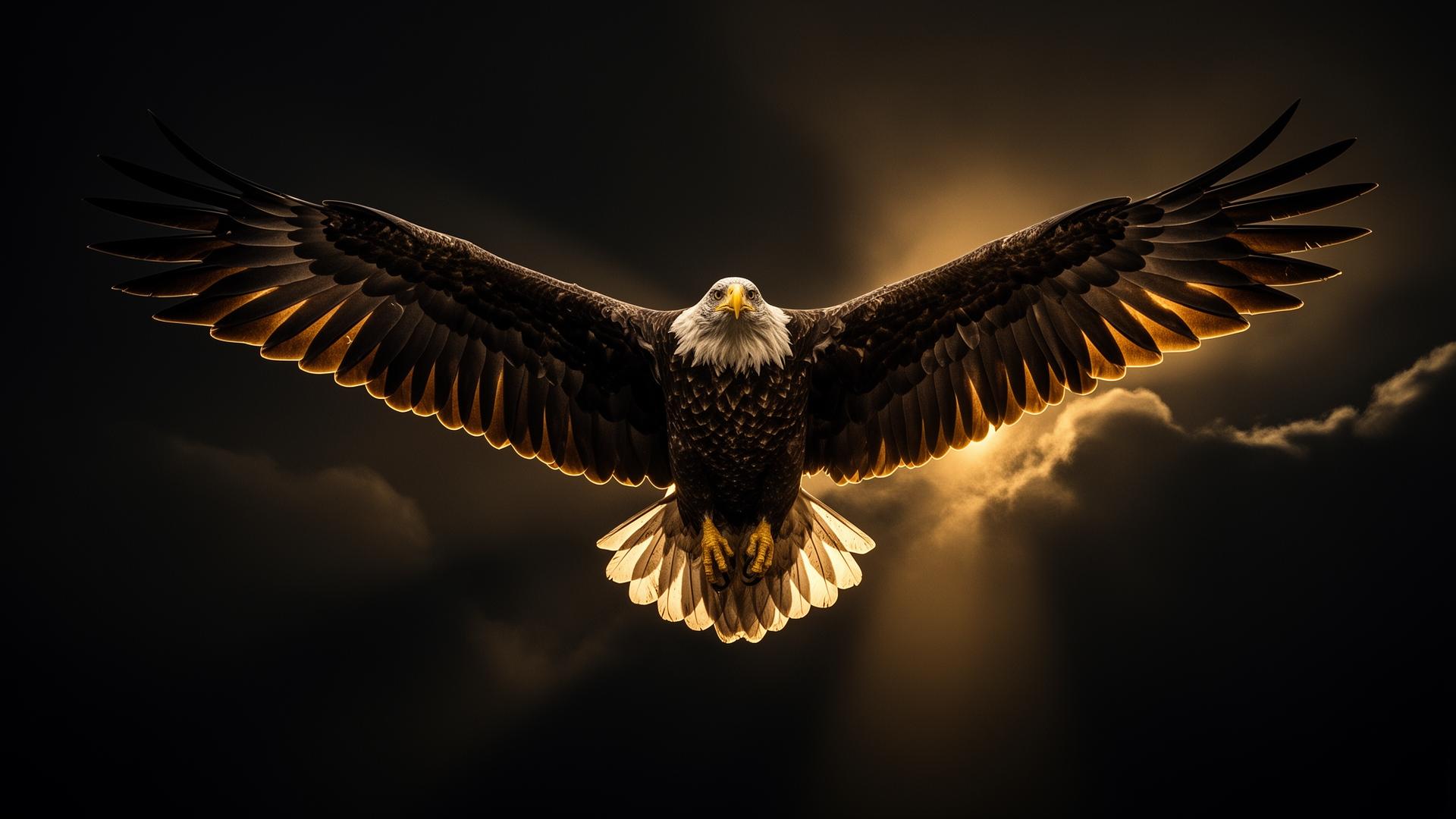 Águia voando majestosamente em céu dourado